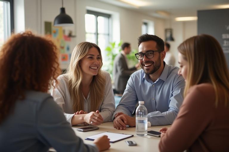 Diverse group of professionals collaborating and interacting happily in a bright, modern office setting, representing connection and partnership.
